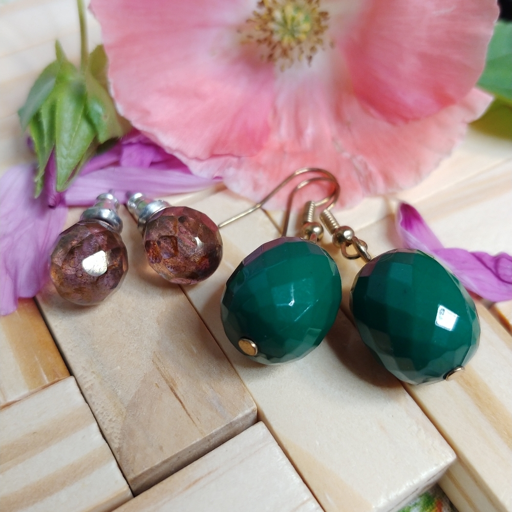 Two Pairs of Earrings (Green dangle & Smoky stud)